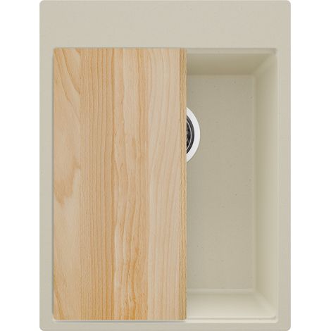 PRIMAGRAN Evier Cuisine en Granit 38x50cm,Lavabo 1 bac + Kit de Vidage + Planche à Découper, Évier à Encastrer au meuble 40cm - Oslo, Beige (1/5)