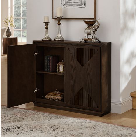 Aparador marrón con puertas ranuradas en V, mueble de almacenaje con pasacables (1/5)