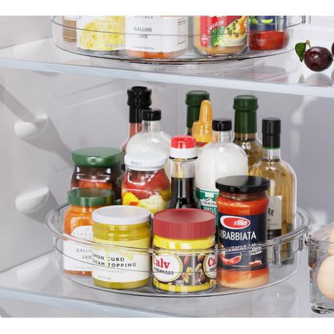 Ce lot de deux plateaux rotatifs, d'environ 23 cm de diamètre, convient aux placards, cuisines, tables, établis, garde-manger et réfrigérateurs. Il est transparent. (1/5)