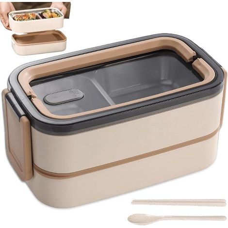 Fiambrera Bento de 1400 ml con 2 niveles y compartimentos,a prueba de fugas y hermética,fabricada en acero inoxidable,incluye juego de cubiertos (1/5)