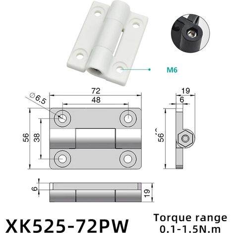 (XK525-72PW) 2 charnières à clapet pliantes avec amortisseur de torsion, en plastique et alliage de zinc, butée de positionnement réglable et tampon de couple (1/5)