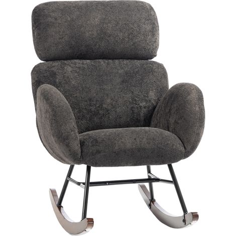 HOMCOM silla mecedora, tapizado de terciopelo, con reposacabezas ajustable, acolchado grueso, patas de madera, reposabrazos, para salón, gris oscuro (1/5)