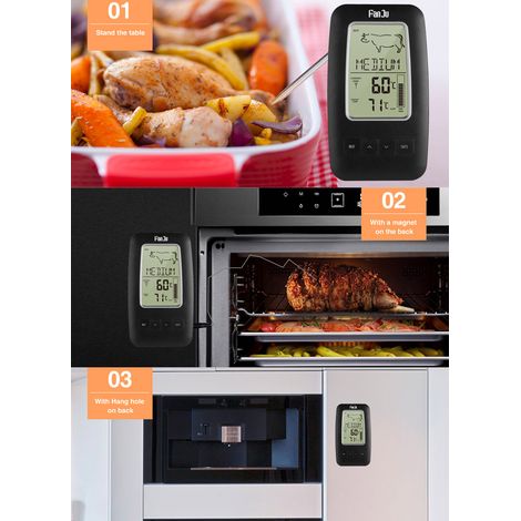 Thermomètre de cuisson numérique FanJu FJ2245 sans fil avec télécommande, aimant au dos, sonde en acier inoxydable pour barbecue, fumoir, cuisine et viande (1/4)