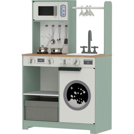 Cuisine enfant jouet d'imitation, dinette enfant avec cuisinière, évier, micro-ondes, 5 accessoires, vert (1/5)