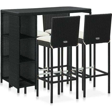 Ensemble Table de bar + 4 Chaises de bar de jardin - Table Haute avec 4 Tabourets et coussins Résine tressée Noir BV894695 - BonneVie (1/5)