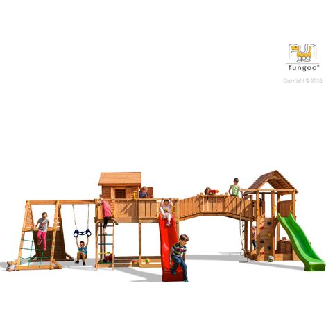 Fungoo Spielturm "Maxi Set Spider Land My Space XL Fortress Toybox Rainbow Spider+", teak, mit 2x Rutschen, 2x Spieltürmen, Verbindungsbrücke, Schaukel, Leiter, Trapez, Kletterseil und Kletterwände (1/5)