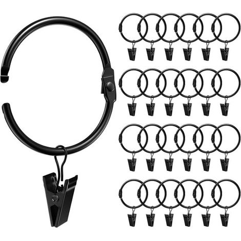 Anillas para cortinas, juego de 20 unidades, con clips, 50 mm de diámetro interior, color negro, inoxidables, fáciles de abrir y cerrar (1/5)