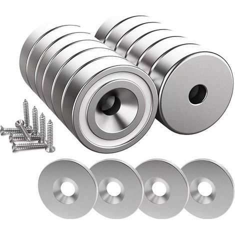 Aimants En Néodyme - 12 Pièces 20 X 7 Mm Avec Trou Et Capsule - Aimants En Pot Fraisés Avec Vis - 12 Coussins Acier - Pour Fixation Robuste (1/5)
