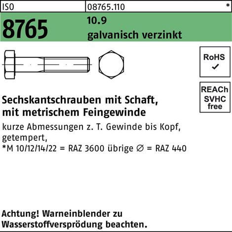 ISO 8765 Sechskant-Schaftschraube Feingewinde M20x120 Stahl 10.9 galvanisch verzinkt 10 Stk (1/2)