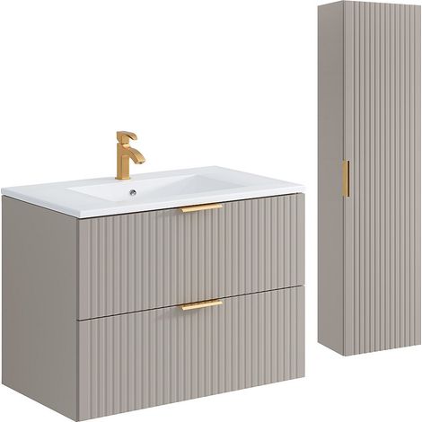 Meuble de salle de bain suspendu strié avec vasque à encastrer et colonne - Coloris beige - 80 cm - ZEVARA