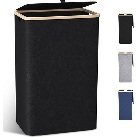 Panier à Linge Couvercle 100L Corbeille à Linge Poignées Bambou Bac a Linge Laundry Basket Pliable XXL Sac Amovibles Tissu Oxford Noir (1/5)