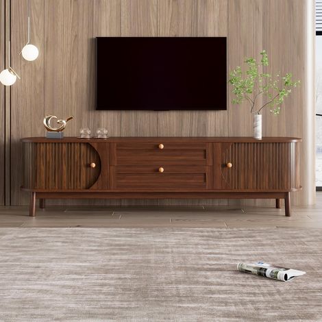TV-Lowboard 170 cm in Nussbaum-Optik mit Schiebetüren und Schubladen - Skandinavisches Design, abgerundete Ecken und Massivholzfüße - Braun (1/5)