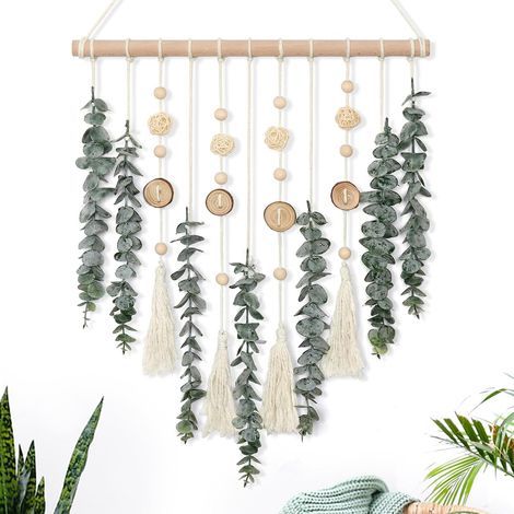 Künstlicher Eukalyptus-Wandbehang, künstliche Blätter, Boho-Wanddeko mit Holzstab (1/5)