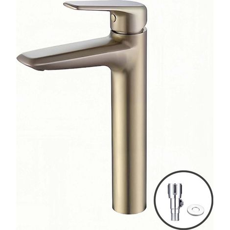 AMXCNOY Robinet mitigeur lavabo haut en laiton avec cartouche céramique, eau chaude et froide, finition or brossé, adaptable, livré avec tuyau 60cm et paire de vannes d'angle (1/5)