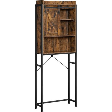 Vasagle – Étagère WC en acier noir et panneau d’aggloméré marron rustique – 3 cases ouvertes et placard – Dimensions 64 x 24 x 171 cm