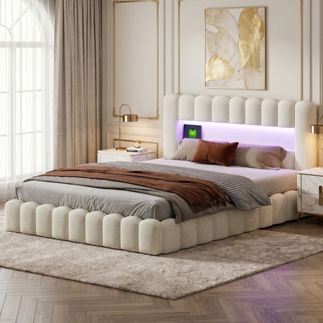 BLANKETSWARM - Lit coffre 180 x 200 cm avec sommier, lit adulte double 180x200 cm - Ports USB et LED réglables - Lin Beige (1/5)