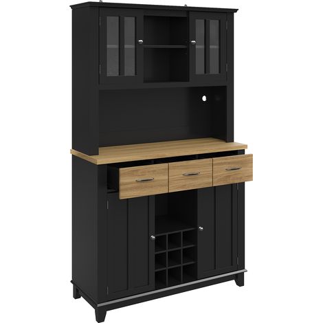 Meuble de cuisine 106 x 40 x 179.5, meuble haut, buffet de cuisine, vaisselier vitré, buffet avec étagères réglables, enfilade avec éclairage LED, buffet (tiroirs couleur bois) (1/5)