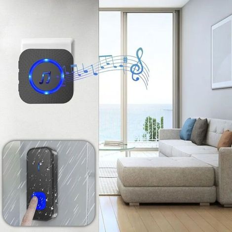 Sonnette sans fil portée 300m - Étanche - 55 mélodies - 5 niveaux de volume - LED bleue - 1 émetteur + 2 récepteurs - Pour maison et entreprise