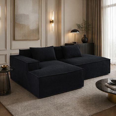 Sofá esquinero de tejido negro 235 cm, 2 cojines, asiento de muelles y espuma, REDOM (1/5)
