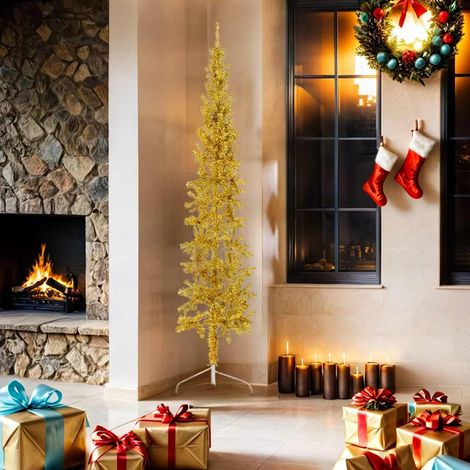 Demi Sapin de Noël Arbre de Noël artificiel mince avec support Doré 180 cm (1/5)