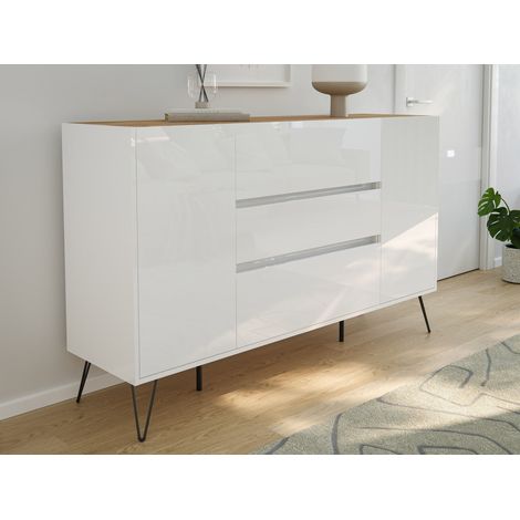 Sideboard Kommode Lovo 155cm Greifraum 3 SoftClose 2 Türen Weiß/Eiche Top (1/5)