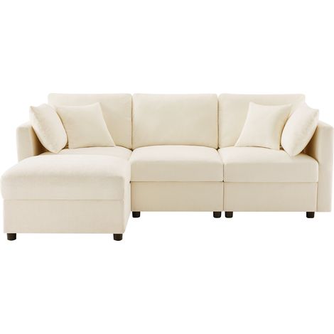 Canapé d'angle, avec 4 coussins, en tissu chenille, Beige (1/5)