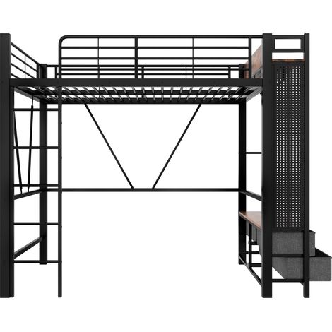 Cama alta 90 x 200 cm de metal y MDF negro con LED, USB y Type-C (1/5)