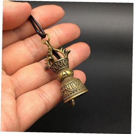 Glocke aus Messing, verziert mit geschnitzten Motiven des tibetischen Buddhismus, Kupferstößel, Diamantglocke als Anhänger, Sammlerstück
