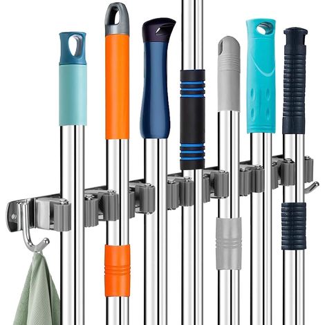 1 Porte-Balai Mural, 7 Supports Et 2 Crochets, Acier Inoxydable, Sans Percage Ou À Vis, Pour Garage Et Cuisine (1/5)