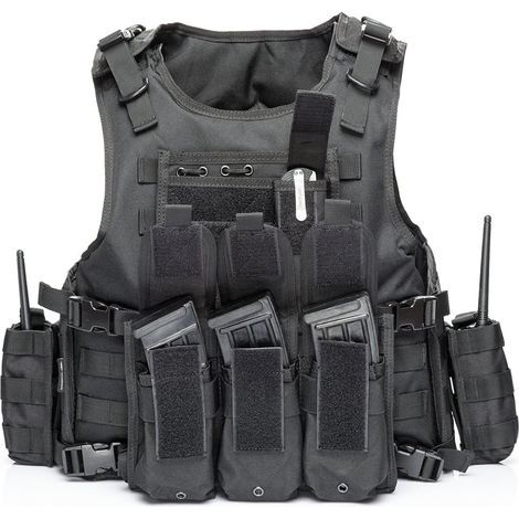 Litzee – Verstellbare, schwarze taktische Weste – Strapazierfähiges 900D-Nylon – Herausnehmbare Taschen für ballistische Platten – Größen S bis XXL – Für professionelle Einsätze (1/5)