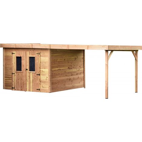 Caseta de jardín de madera tratada térmicamente 284x284 cm con leñera – Espesor de pared 26 mm – Techo de acero galvanizado – Puerta con claraboya – THX.3030B.0T Foresta
