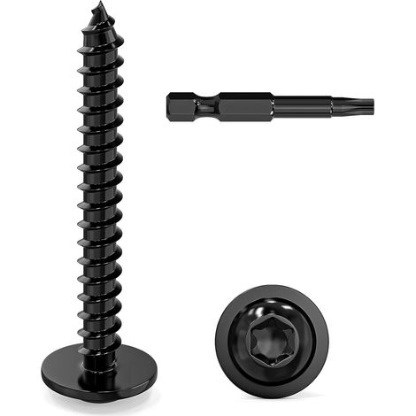 Lot de 50 vis à tôle 4,8 x 38 mm à tête plate en acier inoxydable noir avec disque Torx Vis autotaraudeuses à bois à tête bombée Filetage complet avec foret (1/5)