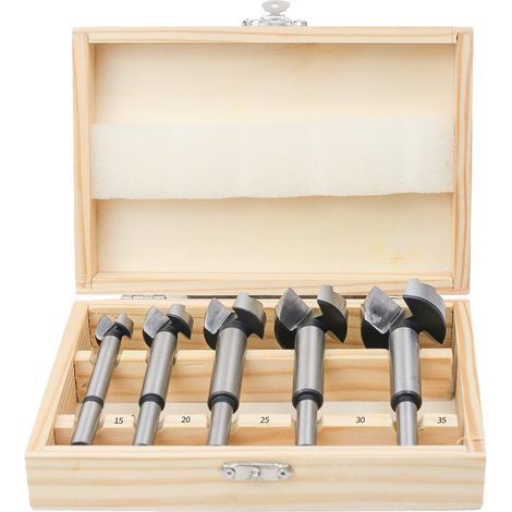 Lot de 5 forets Forstner pour bois - Diamètre 15-35 mm - Embouts Forstner avec tige ronde - Accessoires pour perceuse - Avec boîte en bois (1/5)