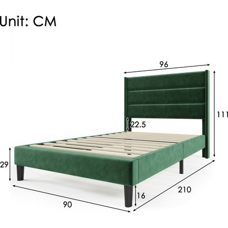 Cadre de lit capitonné 90x200 cm velours vert foncé, lit double rembourré avec sommier et tête de lit, design moderne intemporel, ensemble adulte complet avec matelas inclus