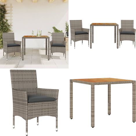 Ensemble à manger de jardin et coussins 3 pcs gris rotin acacia - Salon De Jardin - Mobilier De Jardin - Set De Salon De Jardin - Table De Jardin - Chaises De Jardin - Home & Living (1/5)