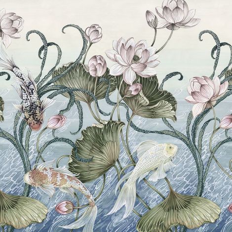 papier peint panoramique des poissons bleu gris et vert  - Komar