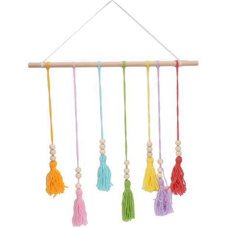 Wandteppich mit Quasten, 7 Farben, handgefertigt, im Bohème-Stil, Wanddekoration mit 10 Clips für Wohn- und Schlafzimmer (1/5)