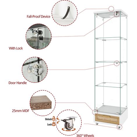 Vitrine moderne en verre trempé avec tiroirs, meuble de rangement à LED, armoire 1 porte et 4 étagères, idéale pour salon et chambre, blanc, H167 x L42,5 x P36,5 cm (1/5)