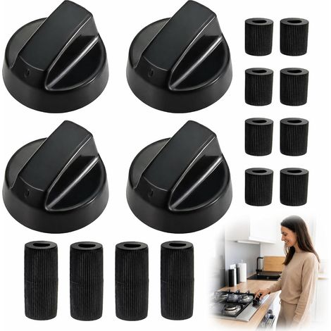 Lot de 4 Boutons de Plaque de Cuisson Universels Noirs, Commande Boutons Compatibles Gazinière Gaz, Four, Cuisinière Électrique, Inclus 12 Adaptateurs pour Remplacement Rapide (1/5)