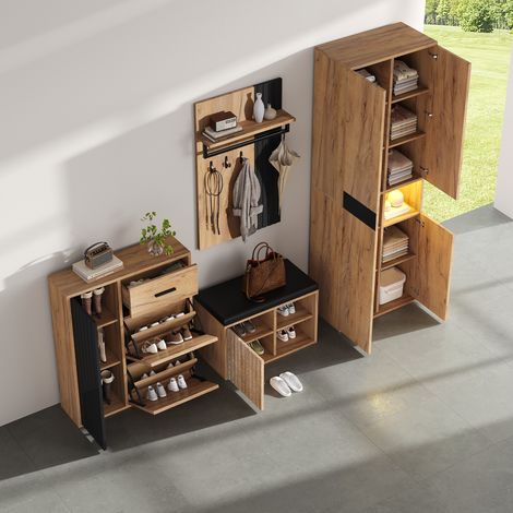 Conjunto de 4 Muebles de Recibidor con Armario, Zapatero, Banco y Panel, en Tablero de Partículas Negro y Natural