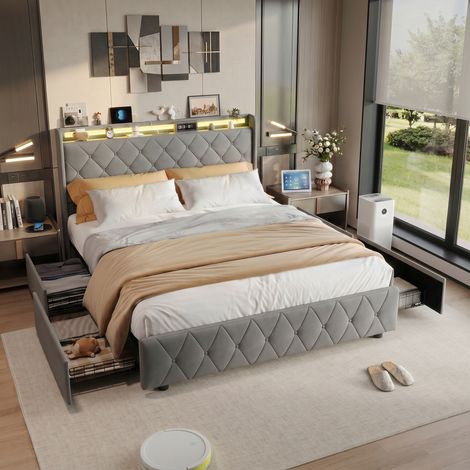 BLANKETSWARM - Lit double rembourré 140 x 200 cm, cadre de lit avec 4 tiroirs, lit coffre avec LED et USB lit double avec rangement lit double capitonné lit 2 personnes, Gris (1/5)