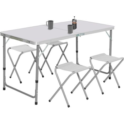 Idmarket – Table de camping pliante réglable 120 cm – 4 tabourets pliants en tissu oxford 600D – Structure en aluminium – Résistante aux intempéries