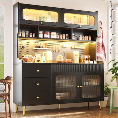 Buffet haut 145x39x171 cm avec LED, porte relevable et verre rainuré, noir (1/5)