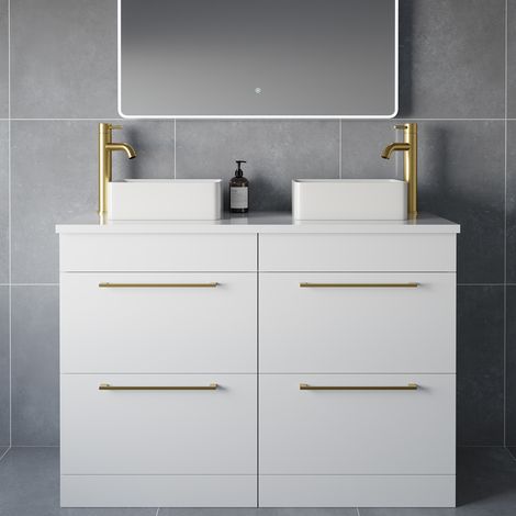 Napoli 460 Gloss White 1200mm 4 Drawer Vanity Unit for Countertop Basins - 1200mm - Brushed Brass 320mm Handle