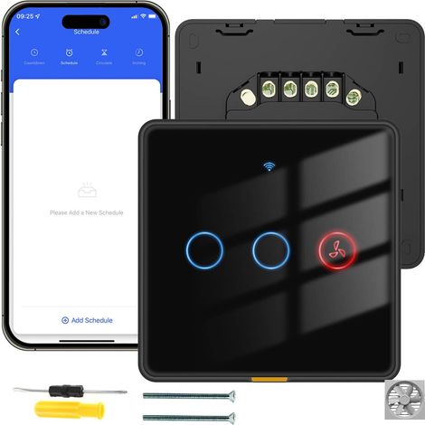 Interrupteur intelligent WiFi noir 2 gangs + Interrupteur pour ventilateur extracteur de salle de bain Interrupteurs, Interrupteurs tactiles sans fil WiFi, Ne nécessite pas de fil neutre (1/5)