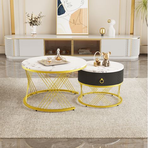 Couchtisch 2er-Set MDF Weiß in Marmoroptik, Satztische mit Schublade und Stellfüßen (1/5)
