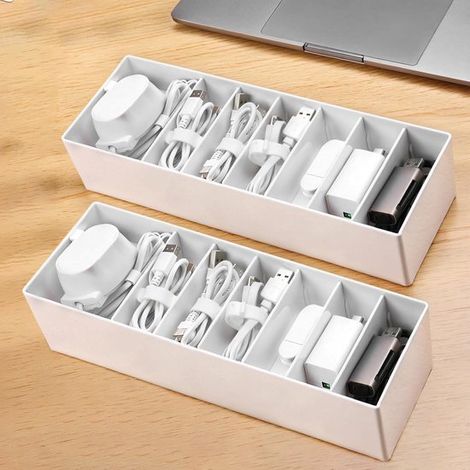 Kabelorganizer-Set 2er-Pack weiße Kabelbox mit verstellbaren Trennwänden Kabelorganizer mit 14 Kabelbindern für Bürobedarf Batterien und (1/5)
