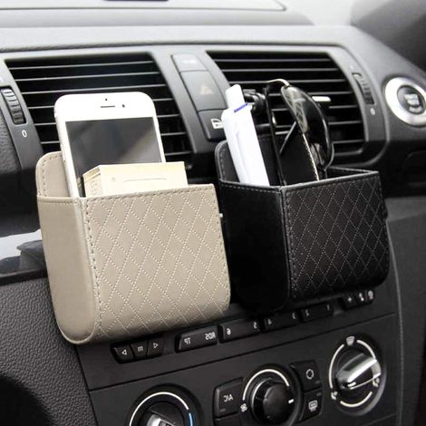 Lot de 2 boîtes de rangement pour voiture, organisateur de poche pour aération de voiture, idéal pour clés, pièces de monnaie et espèces. Noir, beige (1/3)