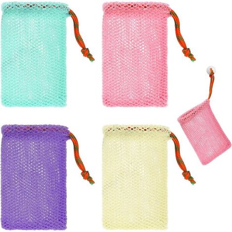 Set di 4 sacchetti per sapone, extra schiuma con coulisse, in nylon, per casa e viaggio, per shampoo, balsamo e sapone da doccia. (1/5)