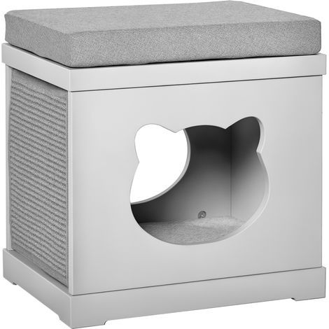Maisonnette pour chat en bois avec 2 coussins et griffoirs amovibles, gris, 41 x 30 x 36 cm